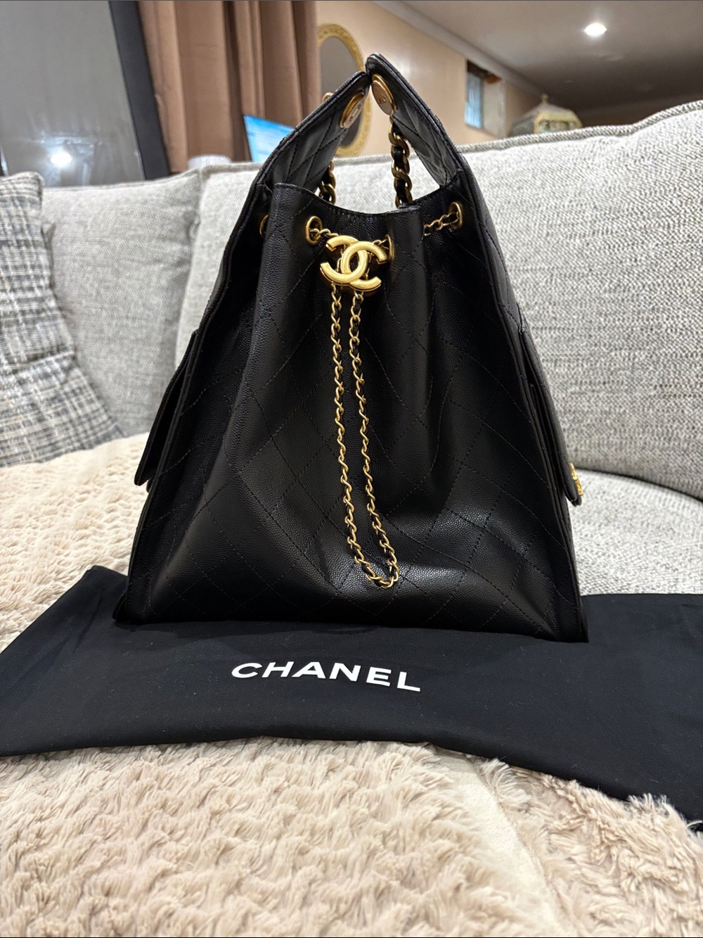 Black Quilted Medium 25 Leather Drawstring Tote with Gold CC Chain - Picture 2 of 10